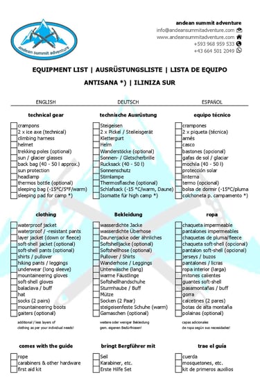 Equipment List Antisana, Iliniza Sur