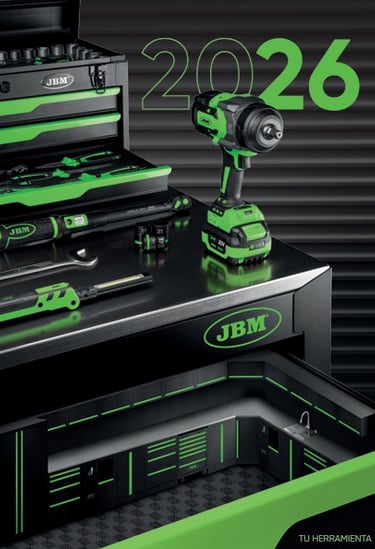 Portada del Catálogo JBM 2026 con carros de herramientas y llaves de impacto - A1 Suministros