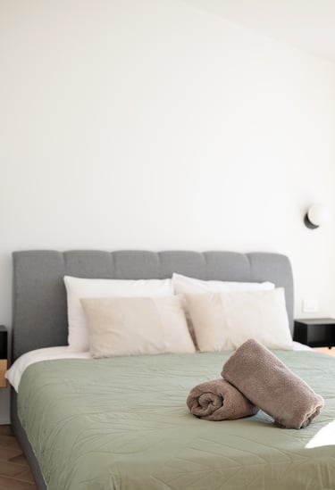 Erdvus miegamasis su didele miegamojo  lova