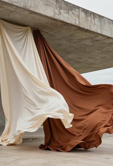 A sophisticated editorial photograph focusing on architectural fashion draping. Fine silk textiles in soft cream and terracotta-brown gracefully flowing in the wind against a modernist concrete pavilion in Brazil. Soft, diffused daylight, editorial magazine style, cinematic and poetic composition.