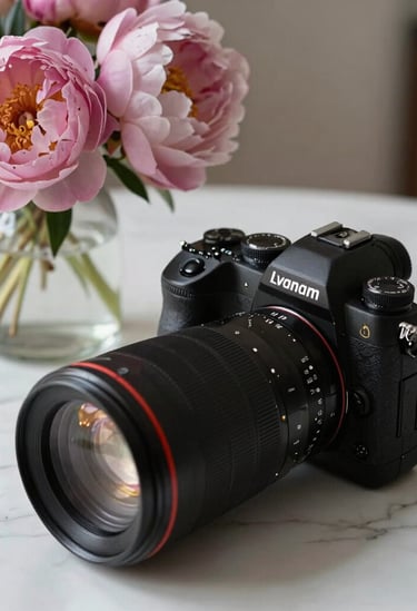 An artistic composition of a professional high-end camera and specialized lenses on a marble surface next to a vase of dusty rose peonies, soft natural light, luxury photography brand aesthetic.