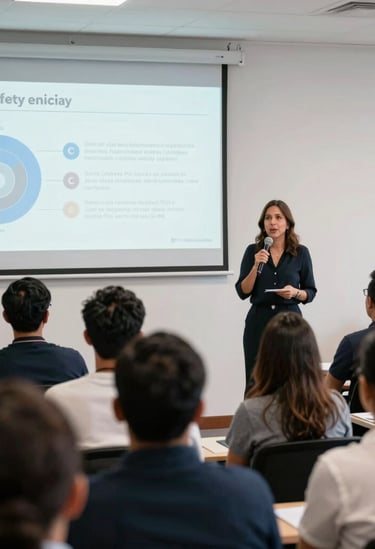 An engaging, bright photograph of an educational workshop on digital safety in Mexico City. A female professional speaks to a diverse Mexican / Latin American audience, with educational slides projected onto a clean, minimalist white wall.