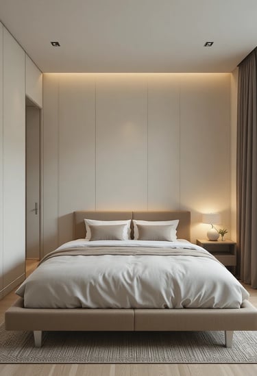 Minimalist tiny bedroom with only essential furniture, low bed, small side table, neutral color pale