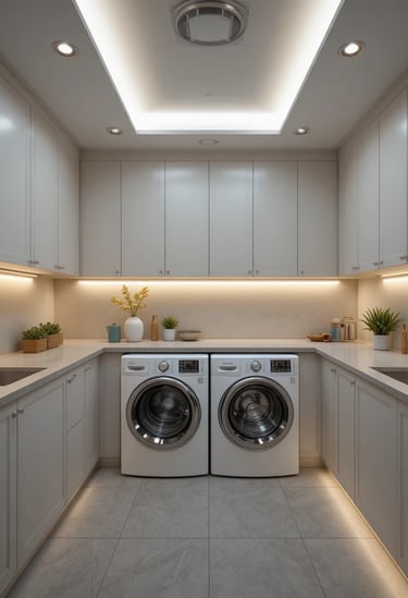 A modern laundry room illuminated with recessed ceiling lights and soft under-cabinet