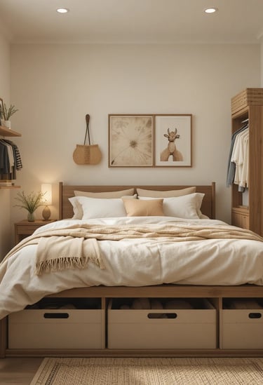 A well-organized small bedroom featuring under-bed storage boxes