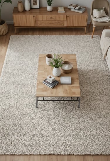 Textured neutral area rug under a coffee table in a small living room, layered decor, soft tones, co