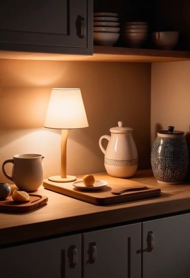 Small kitchen counter at night with a glowing mini table lamp,