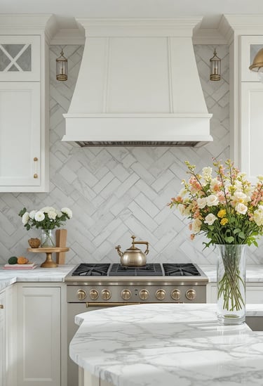 A stylish farmhouse kitchen with a white subway tile backsplash arranged in a herringbone pattern