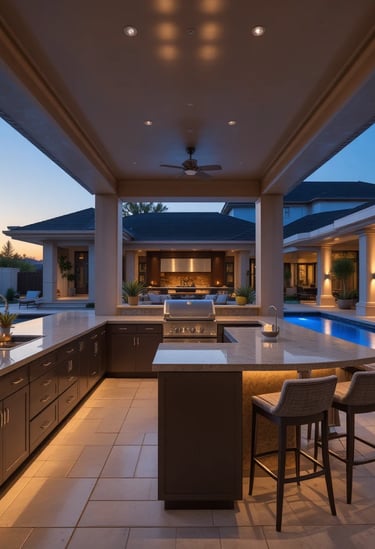A luxurious modern pool house with a seamless outdoor kitchen and bar area