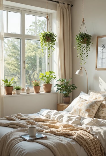 A small cozy bedroom with indoor plants, hanging plants near the window,
