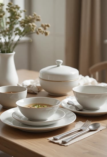 Elegant ceramic dinnerware set on cozy dining table, matte neutral tones, soft natural lighting