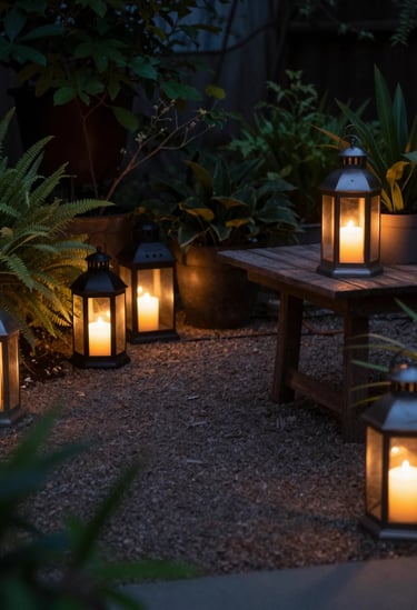 Cozy garden evening scene with multiple outdoor lanterns placed on the ground and table