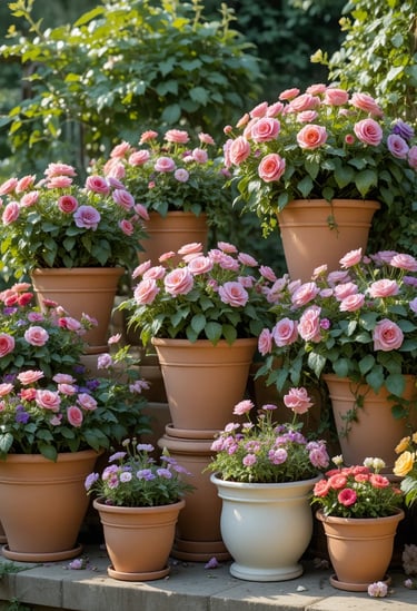 Beautiful layered flower pot arrangement in a vintage garden, mix of terracotta