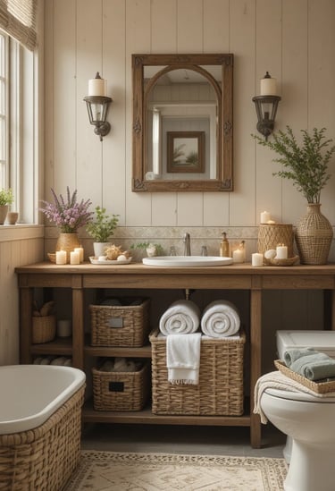 Cozy farmhouse-style tiny bathroom with woven baskets used for storage, soft beige and wood tones