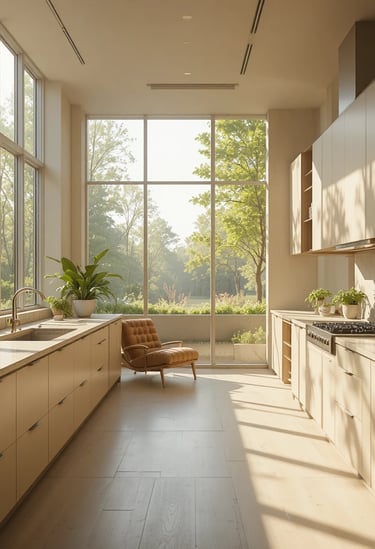 A serene modern kitchen bathed in warm sunlight, featuring expansive windows that flood the space wi
