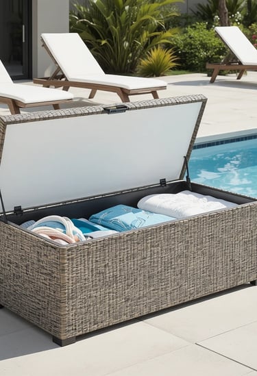 Clean, modern above ground pool deck area featuring a stylish waterproof storage deck box made of wo