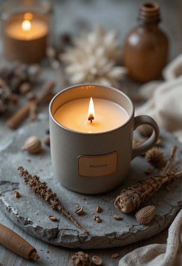 matte ceramic soy candle with a wooden wick glowing warmly on a stone tray, surrounded by dried bota