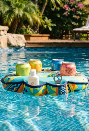 vignette of a colorful floating drink caddy in a bright blue pool with canned drinks and a small sun