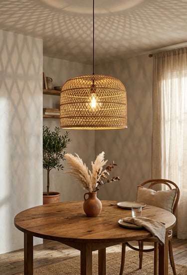Photorealistic editorial interior vignette of a natural open-weave rattan drum pendant light glowing