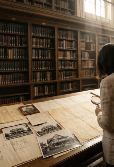 Técnica en patrimonio investigando expedientes y planimetrías antiguas en un archivo de Granada.