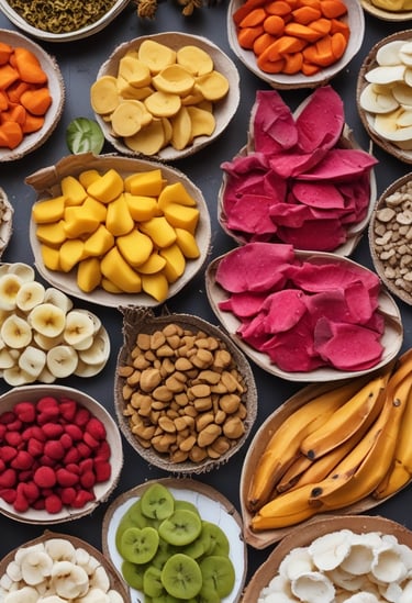 a variety of fruits and nuts in bowls