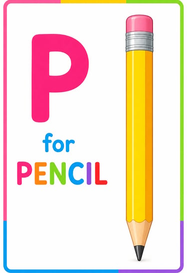 Educational alphabet card featuring a pink letter P and a yellow pencil for learning phonics.