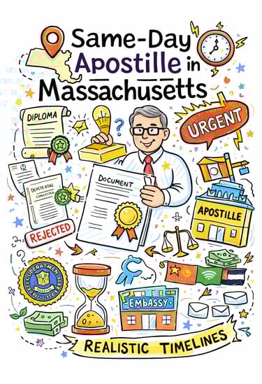 Illustration explaining same-day apostille process in Massachusetts