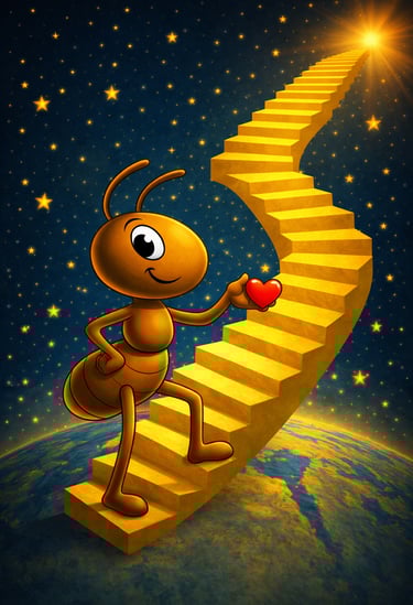 Shaman Ant walking up the stairs to show the people how to return home.