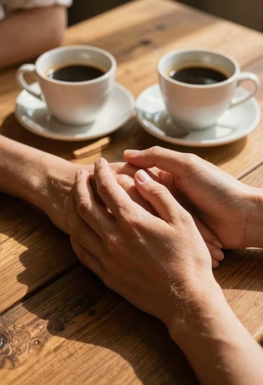 A details-focused lifestyle photograph of two hands gently holding each other on a rustic, sun-warmed wooden table with two coffee cups. Warm shadows, golden hour light, peaceful and intimate atmosphere in Southern Europe.