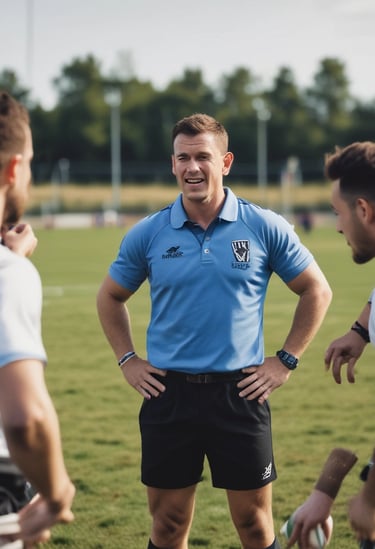 Action shot of a player running with the rugby ball on a green field.
