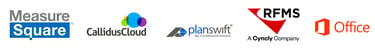 Logos of software partners including Measure Square, CallidusCloud, PlanSwift, RFMS, and Microsoft Office.