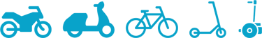 a group of bicycles and scooters with a blue background