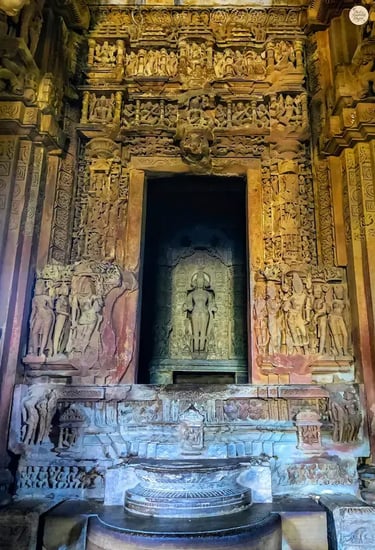 Intricate stone carvings inside the sanctum of Lakshmana Temple, Khajuraho, Madhya Pradesh