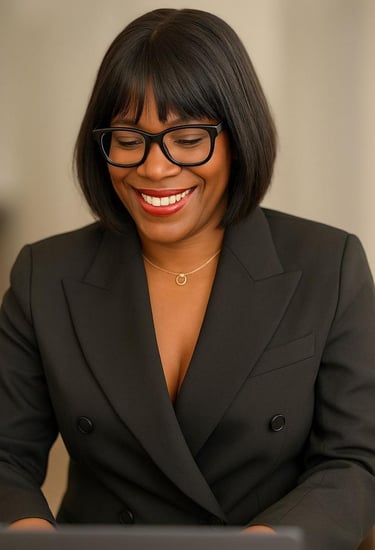 a woman in a suit and glasses smiling