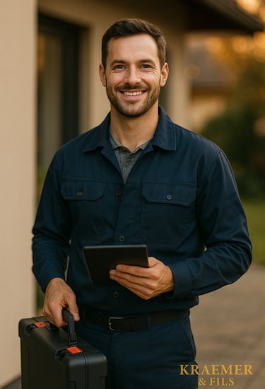 a man in a blue shirt and a suitcase