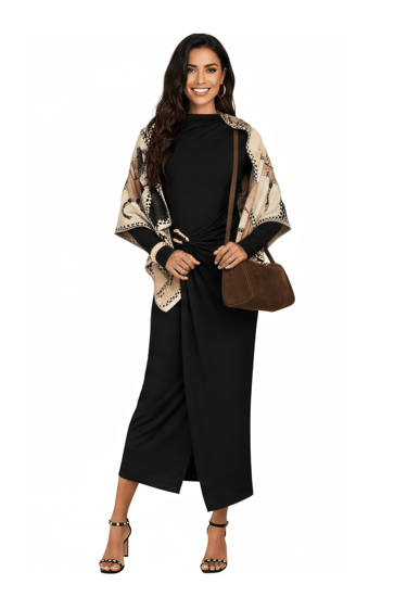 a woman in a black dress with crossbody handbag and sandals