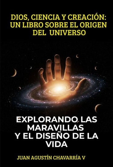 Libro sobre creación divina y diseño del universo, con arte cósmico.
