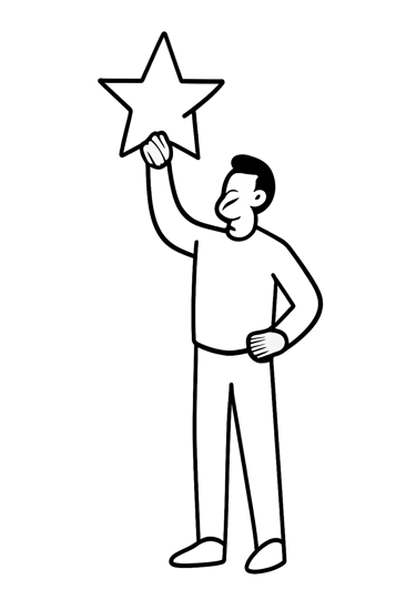 Simple black line art illustration of a man standing and holding a star above his head.
