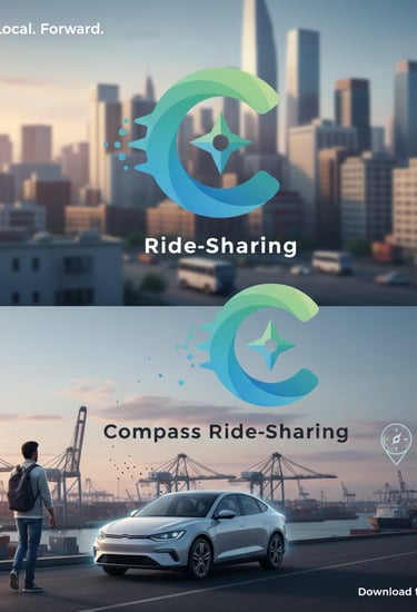 Compass Ride-Sharing logo over a city skyline and a silver car at a shipping port.