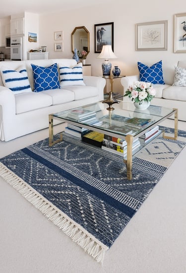 Blue geometric flatweave rug with fringes - Handmade by Vezari Living ( DESIGN SH - 2371)