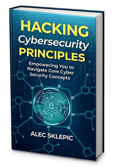 Hacking Cybersecurity Principles book cover by Alec Sklepic featuring a digital blue tech theme.