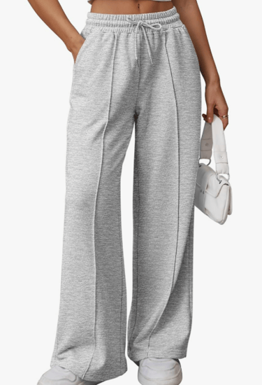 grey womens sweatpants wide legged with seam down the front of each leg