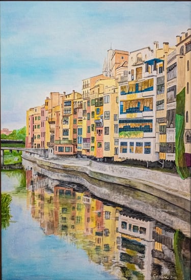 Río Oder en Girona. Casas de colores en Girona