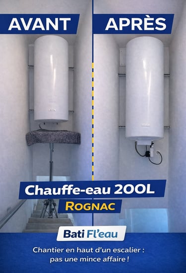 Before and after installation of a 200L electric water heater above a staircase in Rognac.