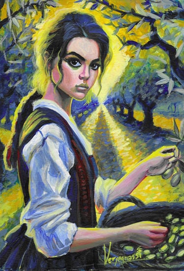 a painting of a woman with a basket of olives