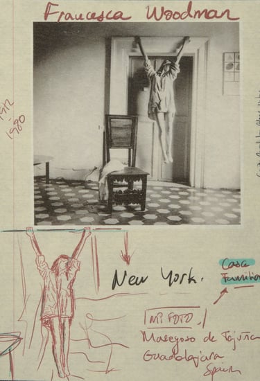 Francesca Woodman, reinterpretación artística contemporánea bordada con hilo rojo