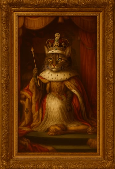 Renaissance oil painting of a pet cat wearing a crown and royal robes in a gold frame.