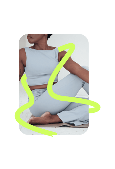 White background lady yoga pose bright green lines around her