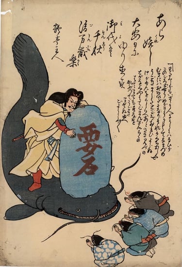 Takemikazuchi standing on top of a giant catfish namazu while baby namazu dressed in clothing bow