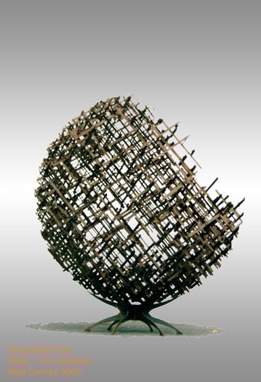 a copper plated steel cross-hatched sphere shaped sculpture side view